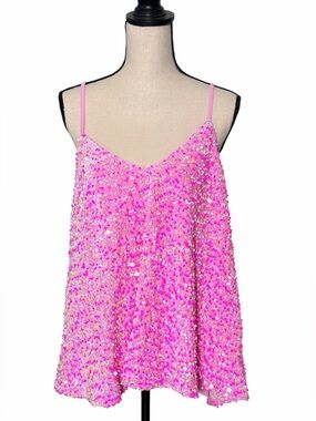 Southern Fried Chics Pink Sequin Cami Top Barbiecore Disco Cowgirl Size 3XL NWT